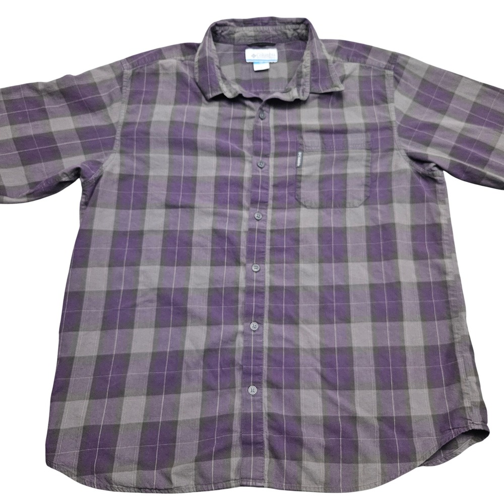 Columbia Button Up Shirt XL Purple Gray Plaid Long Sleeve Outdoor Casual Utility